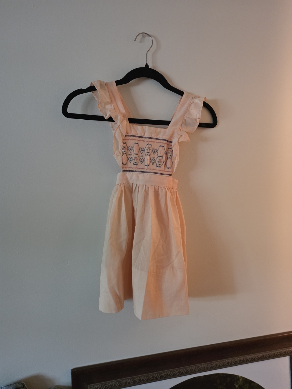 Girls Peach Smocked Ruffle Strap Dress